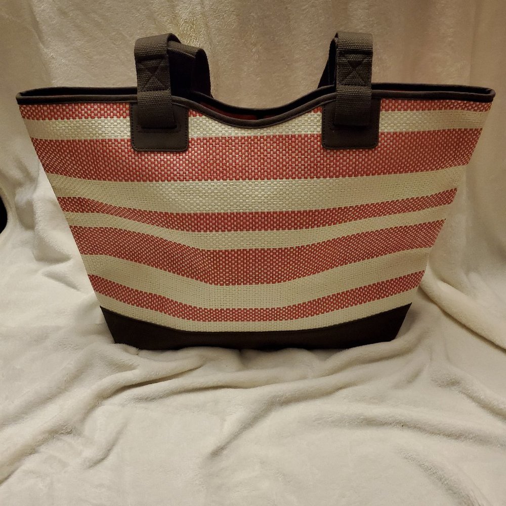 Thirty-One Euro Straw Tote, Coral Stripe